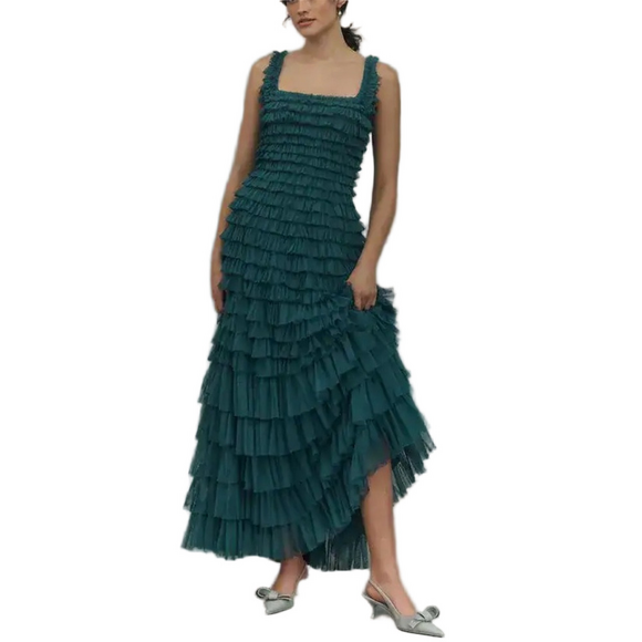 Anthropologie Dresses & Skirts - Mac Duggal Square-Neck Ruffled Tiered Tulle Formal Ball Gown Teal Green Size 10